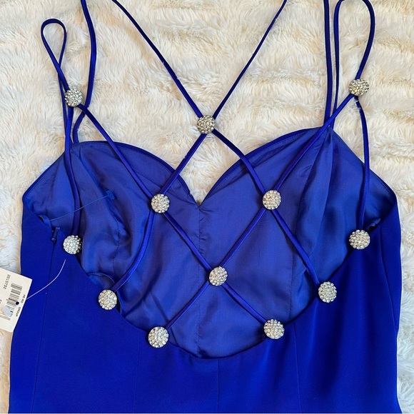 Vintage NITELINE Della Rougogali Sapphire Rhinestone Strap Open Back Mid Dress 4 - Picture 2 of 12